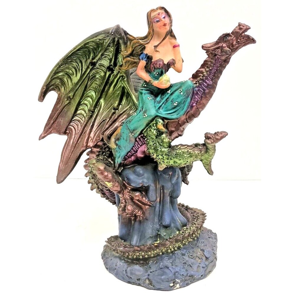 Fairy on Rock with Pet Dragon 9" Figurine – Crystal Ball – Everspring Vintage